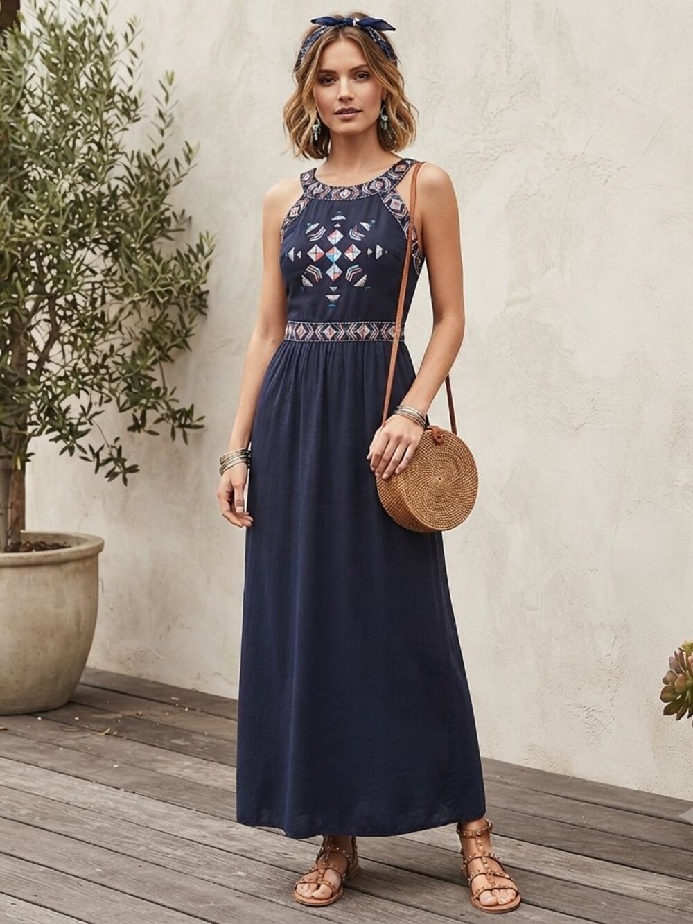 Cupcakes & Cashmere Navy Blue Embroidered Aztec Halter Coastal Maxi Dress Size 2